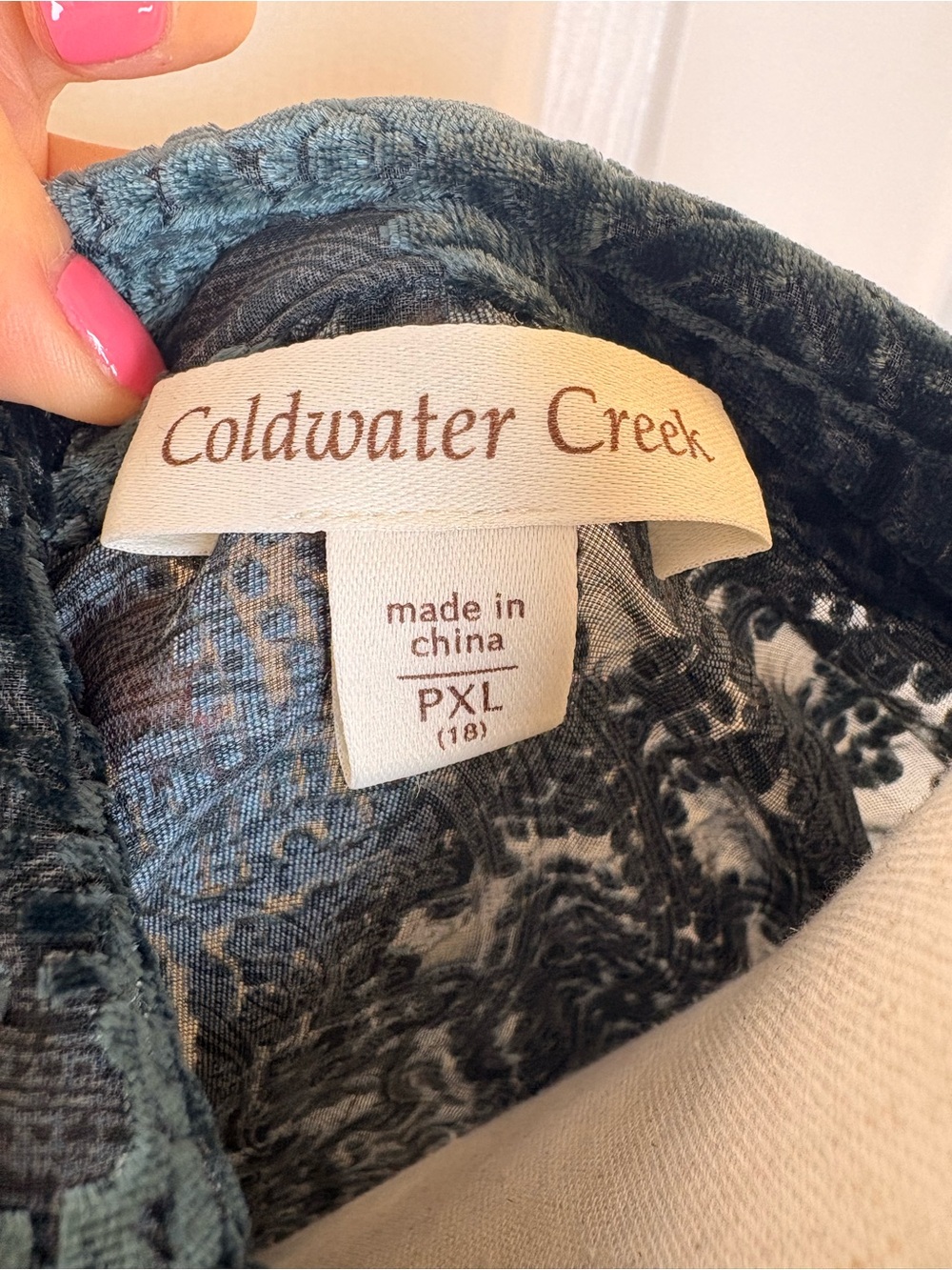 Coldwater Creek Green Sheer Burnout Velvet Paisley Blouse Boho Goth PXL - Picture 5 of 8